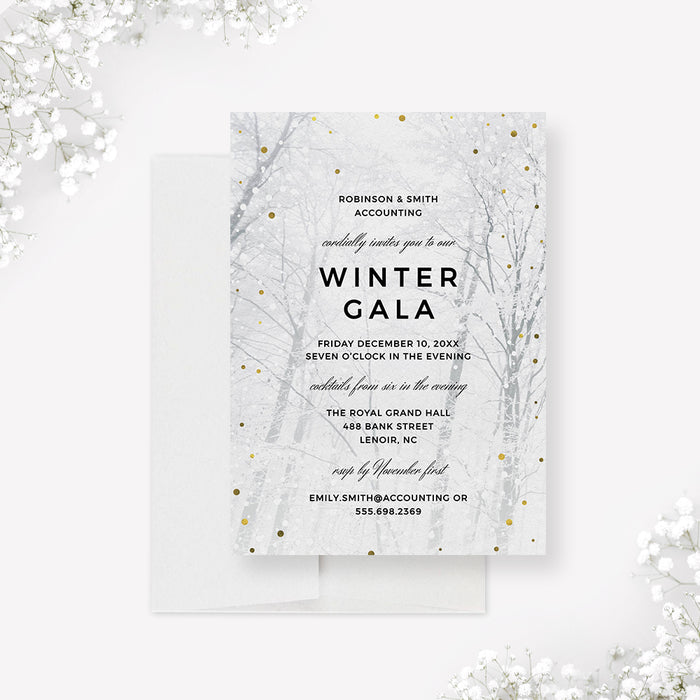 Winter Gala invitation with snowy forest design. Printable Winter Wonderland digital download for parties, birthdays, and corporate events.