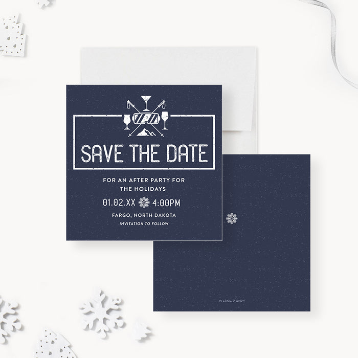holiday after party save the date card with navy chalkboard-style design, winter cocktail icons, and custom event details-front-back