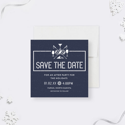 holiday after party save the date card with navy chalkboard-style design, winter cocktail icons, and custom event details-front