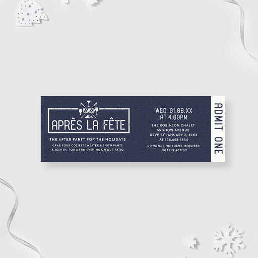 holiday after-party ticket invitation with navy chalkboard-style design, winter cocktail icons, and custom event details for a post-holiday celebration.