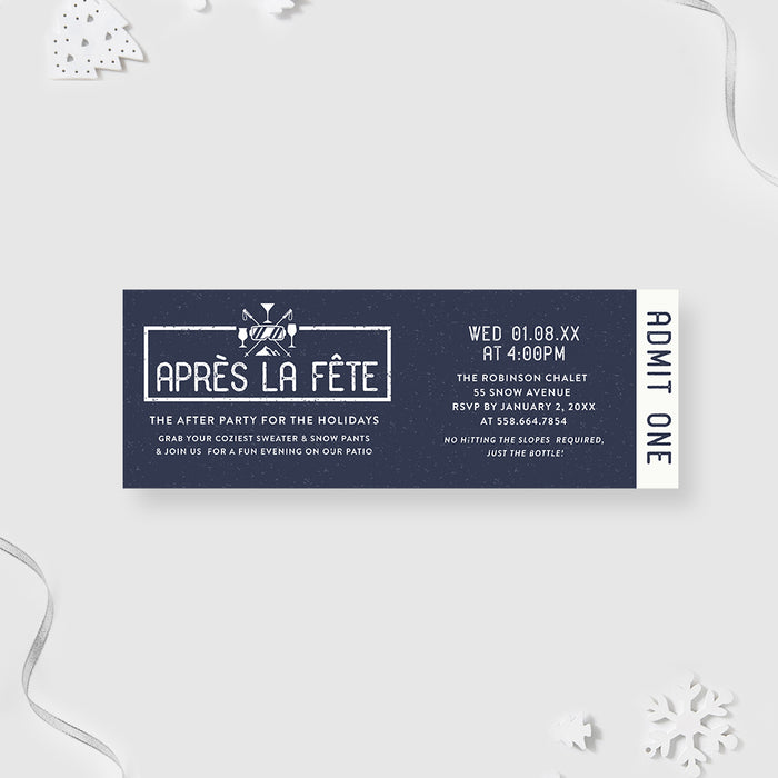 holiday after-party ticket invitation with navy chalkboard-style design, winter cocktail icons, and custom event details for a post-holiday celebration.