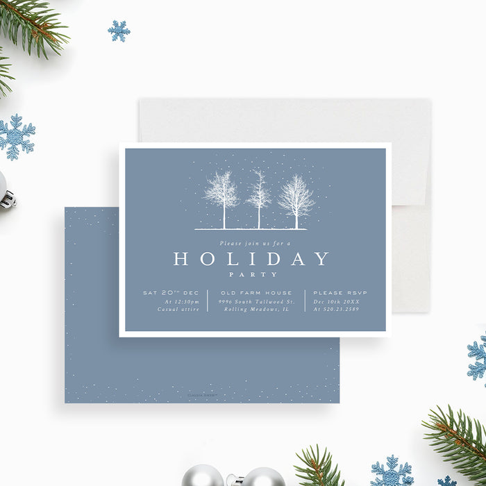 Winter holiday party invitation with snowy tree illustration on a blue background, perfect for Christmas parties and festive winter celebrations.-front-back