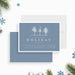 Winter holiday party invitation with snowy tree illustration on a blue background, perfect for Christmas parties and festive winter celebrations.-front-back