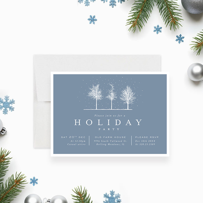 Winter holiday party invitation with snowy tree illustration on a blue background, perfect for Christmas parties and festive winter celebrations.-front