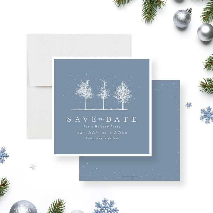 Winter holiday party save the date card with snowy tree illustration on a blue background for Christmas parties and seasonal celebrations.-front-back