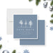 Winter holiday party save the date card with snowy tree illustration on a blue background for Christmas parties and seasonal celebrations.-front-back