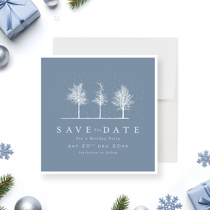 Winter holiday party save the date card with snowy tree illustration on a blue background for Christmas parties and seasonal celebrations.-front