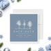Winter holiday party save the date card with snowy tree illustration on a blue background for Christmas parties and seasonal celebrations.-front