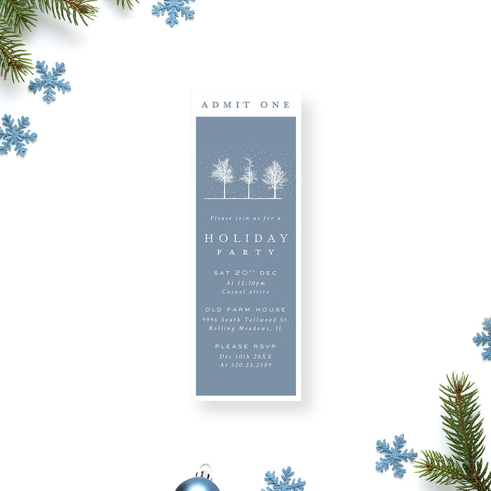 Winter holiday party ticket invitation with snowy tree illustration on a blue background for Christmas parties and festive seasonal celebrations.