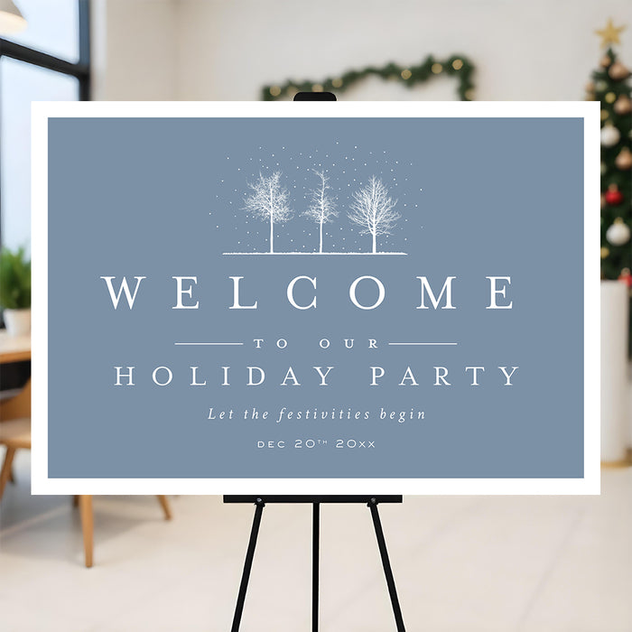 Winter holiday party welcome sign with snowy tree illustration on a blue background displayed on an easel for a Christmas party entrance.