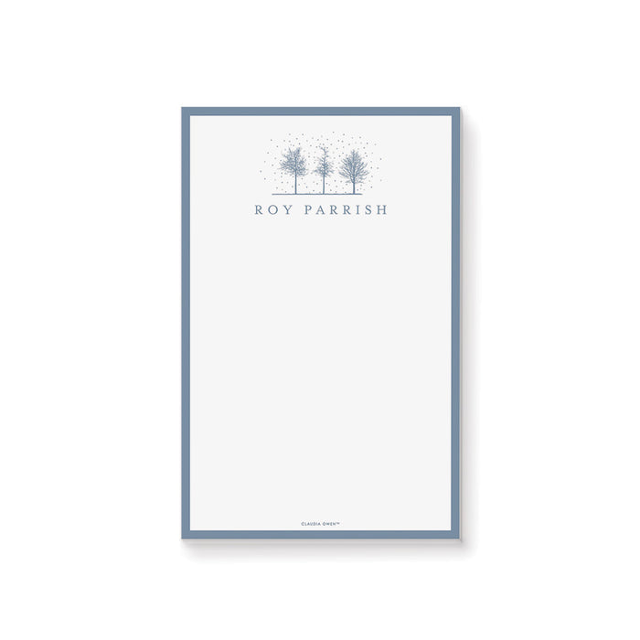 Personalized winter notepad with snowy tree illustration on a blue background, perfect Christmas stationery or holiday writing pad.