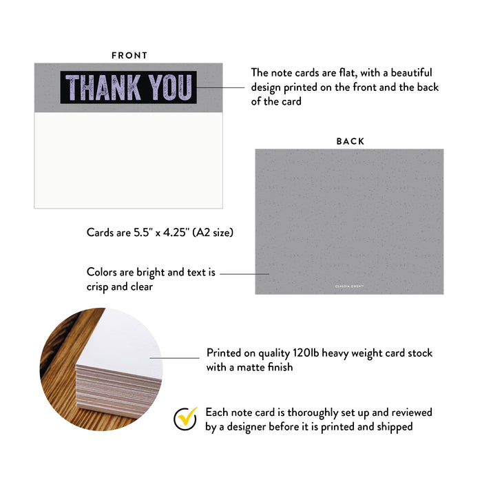 Front and back of winter thank you note cards with gray snow pattern showing A2 dimensions and matte cardstock details.