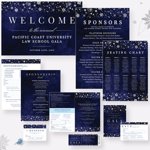A collection of digital gala invitation templates featuring a winter wonderland theme with elements like snowflakes and a deep blue background. Includes various documents such as invitations, sponsorship forms, RSVP cards, and a program.