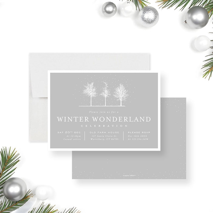 Winter wonderland party invitation featuring snowy trees on a soft gray background with elegant typography, perfect for holiday celebrations.-front-back