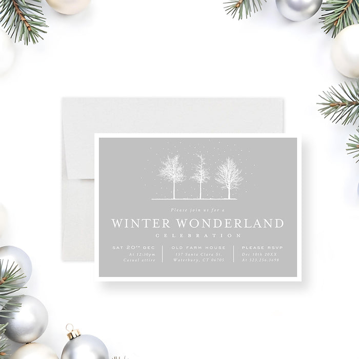 Winter wonderland party invitation featuring snowy trees on a soft gray background with elegant typography, perfect for holiday celebrations.-front