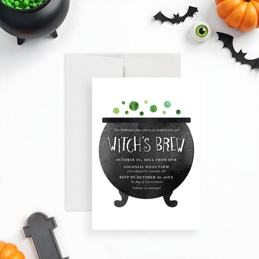 Witch’s Brew invitation featuring a bubbling black cauldron and green bubbles, perfect for spooky Halloween celebrations.-front