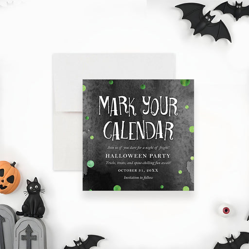 Halloween save-the-date card with floating green potion bubbles for spooky party events.-front