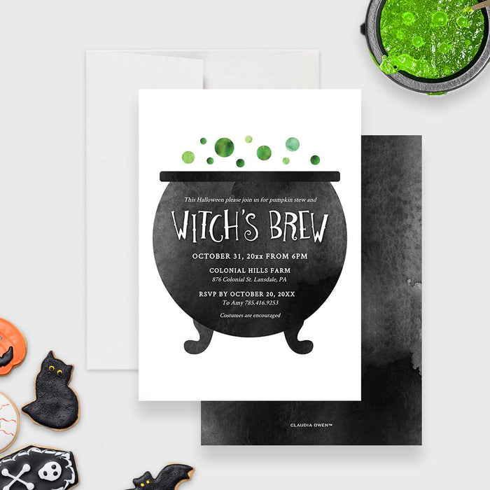 Witch’s Brew digital Halloween invitation featuring a black cauldron with green bubbles and spooky design elements