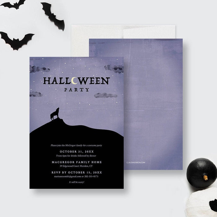 Wolf halloween party invitation featuring a spooky full moon design, perfect for digital or printable Halloween event invites.