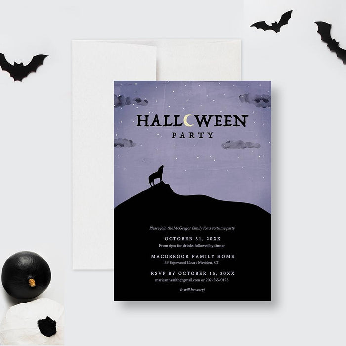 Wolf halloween party invitation featuring a spooky full moon design, perfect for digital or printable Halloween event invites.