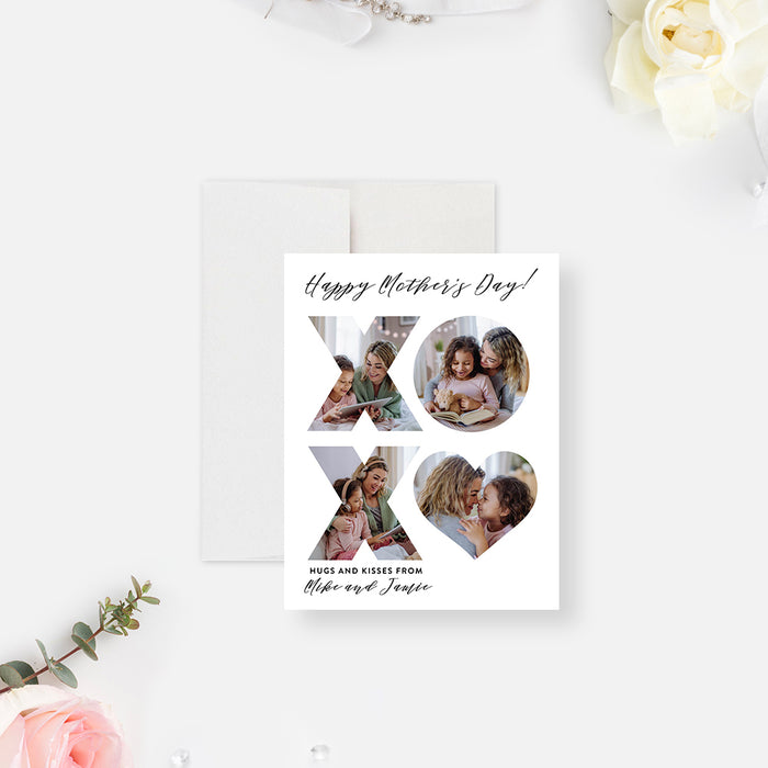 Mother’s Day Greeting Card with Family Photos, Hugs and Kisses Photo Greeting Card for Moms and Dads, Custom XOXO Photo Collage Card