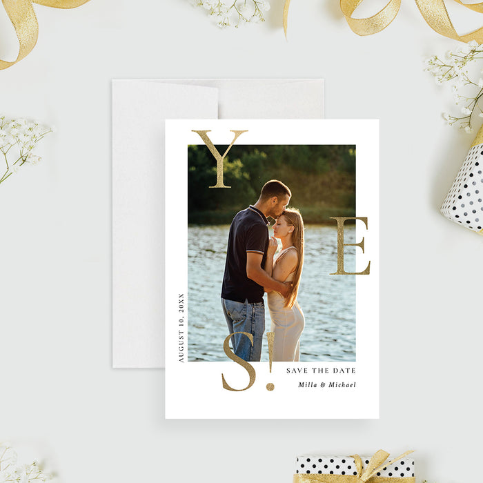 Modern Wedding Save the Date Card with Elegant Gold Letter Design, She Said Yes! Custom Wedding Save the Date Card with Photo