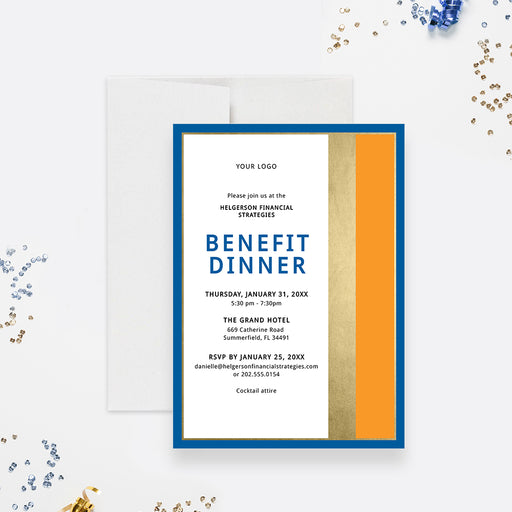 a blue and yellow striped dinner party card