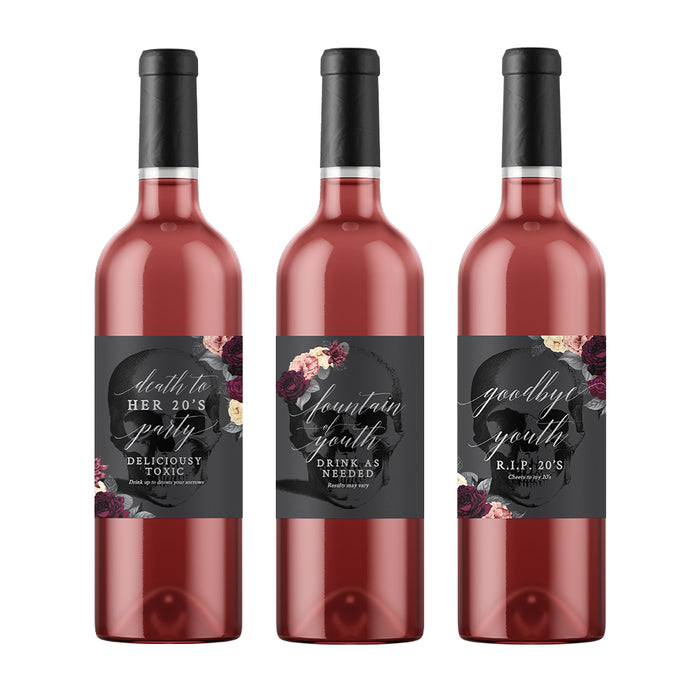 Wine Bottle Labels Death to My 20s with Flowers Template, Wine Digital Download Bottle Labels, 30th 40th 50th Birthday Fountain of Youth Labels