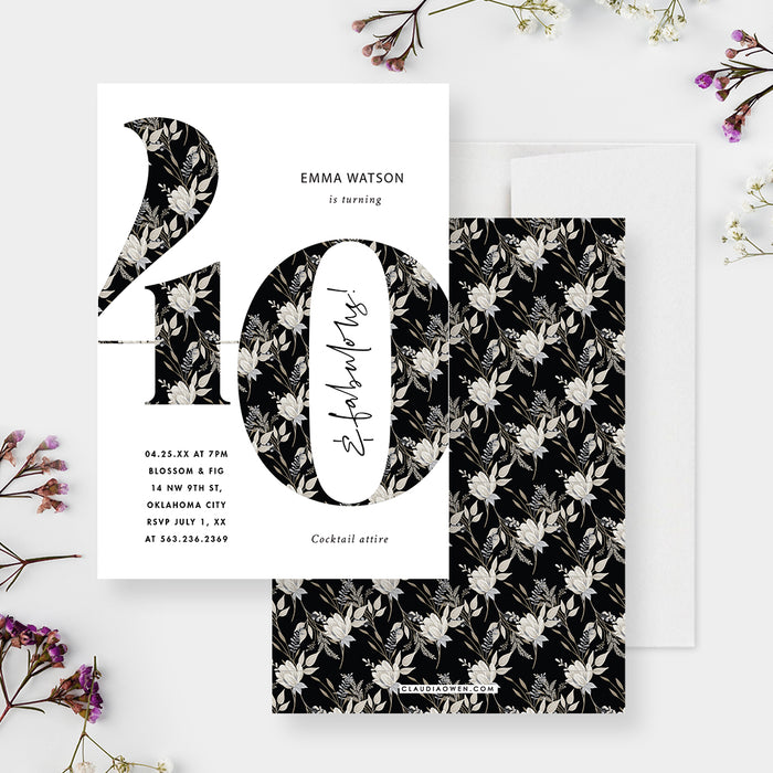 Floral Birthday Party Invitation Card, 40th 50th 60th 70th Birthday Invites, Vintage Floral Birthday Invitations for Women, Black and White Flower Invite Cards