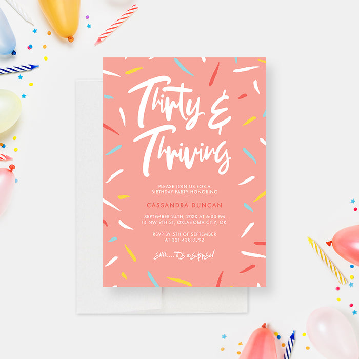 Thirty and Thriving Birthday Party Invitation Card, 30th Birthday Invites, Colorful Birthday Invitations for Her, Personalized Unique Womens Birthday Invite Cards, Turning 30