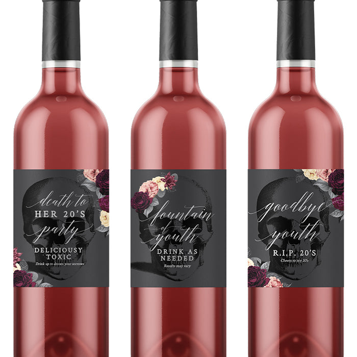 Wine Bottle Labels Death to My 20s with Flowers Template, Wine Digital Download Bottle Labels, 30th 40th 50th Birthday Fountain of Youth Labels