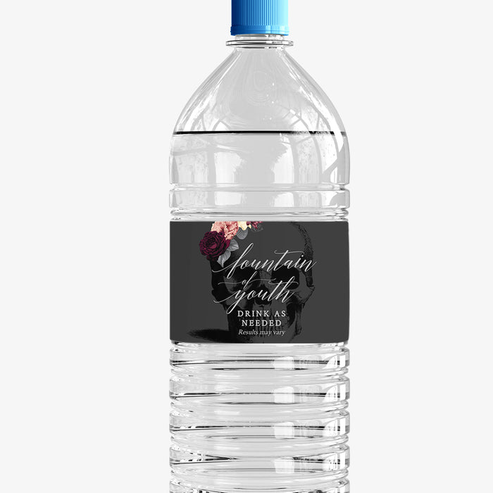 Death to My 20s Water Bottle Labels Template with Skull and Flowers, Bachelorette Water Bottle Labels Digital Download, 30th 40th 50th Birthday Fountain of Youth Labels, Goth Party Labels