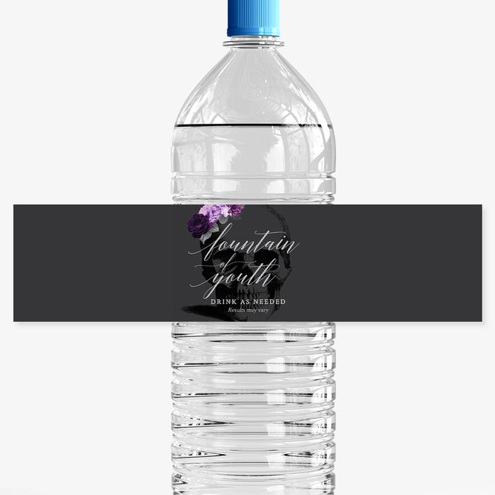 Water Bottle Labels Death to Your 20s Template with Purple Flowers, Personalized Bottled Water Labels Digital Download, Fountain of Youth 30th Birthday Water Bottle Labels