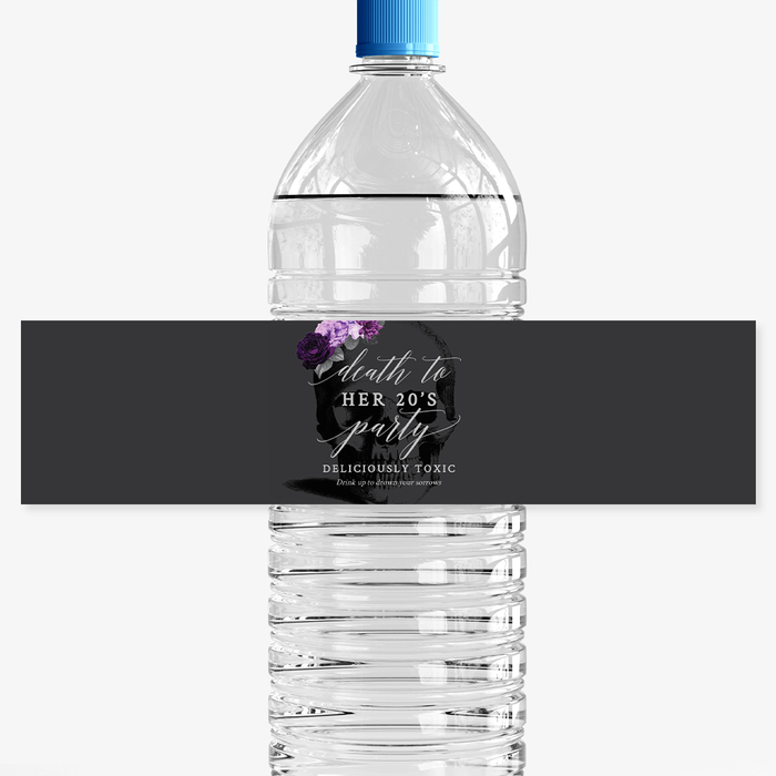 Water Bottle Labels Death to Your 20s Template with Purple Flowers, Personalized Bottled Water Labels Digital Download, Fountain of Youth 30th Birthday Water Bottle Labels
