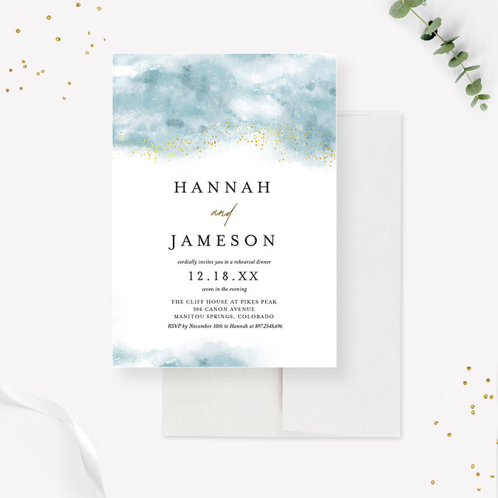 Dusty Blue Elegant Rehearsal Dinner Invitation, Bridal Brunch Invites, 10th 20th 30th 40th Parents Wedding Anniversary Party, Personalized Vow Renewal Invitation Card