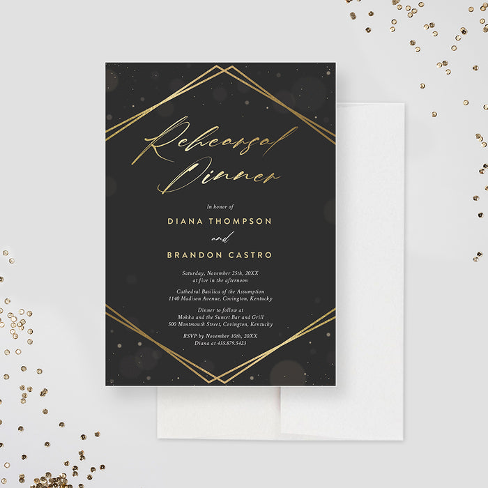 Golden Shimmering Lights Rehearsal Dinner Invitation, Black and Gold Wedding Anniversary Party Invitation, Modern Elegant Vow Renewal Invite Cards