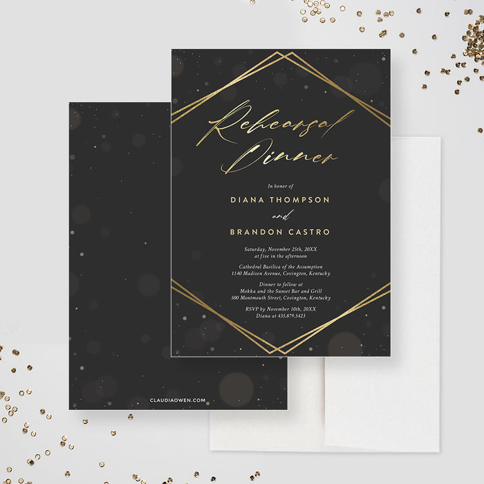 Golden Shimmering Lights Rehearsal Dinner Invitation, Black and Gold Wedding Anniversary Party Invitation, Modern Elegant Vow Renewal Invite Cards