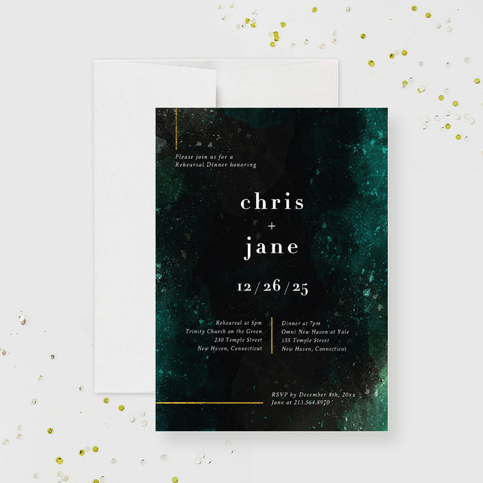 Emerald Green Rehearsal Dinner Invitation, Elegant Wedding Anniversary Party Invitation, Personalized Green and Black Vow Renewal Invite Cards