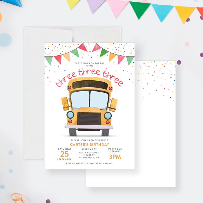 3rd Birthday Party Invites, School Bus Birthday Party Invitation for Kids, Cute Birthday Party Invitations for Boys and Girls, The Wheels on the Bus Invitation, Turning Three