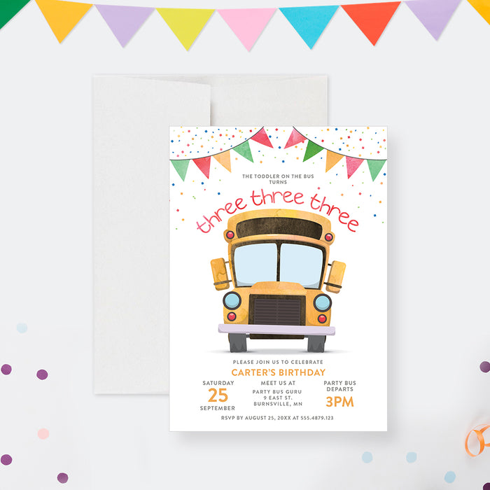 3rd Birthday Party Invites, School Bus Birthday Party Invitation for Kids, Cute Birthday Party Invitations for Boys and Girls, The Wheels on the Bus Invitation, Turning Three