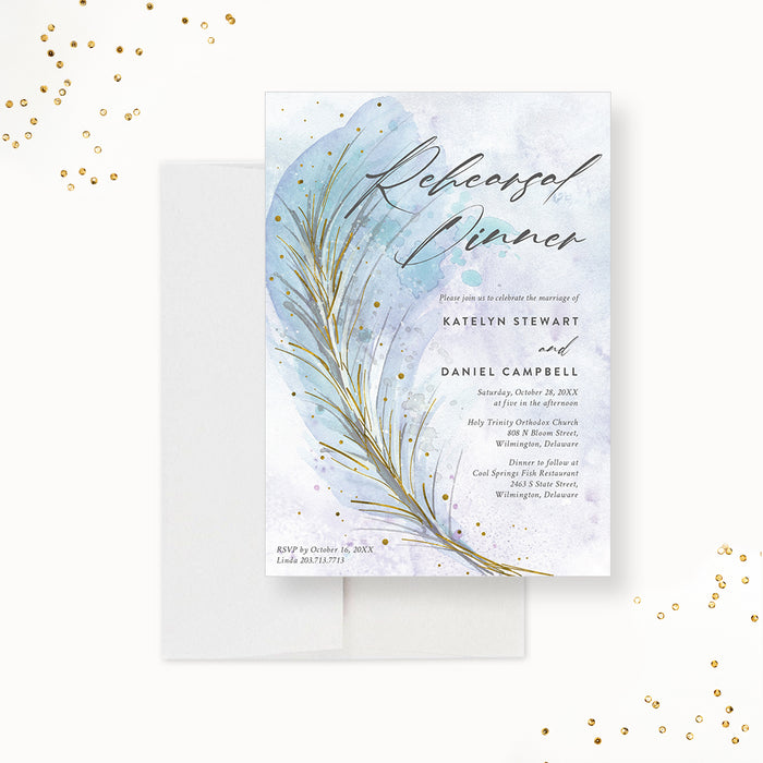 Elegant Lavender Blue Foliage Rehearsal Dinner Invitation, Romantic Wedding Anniversary Party Invites, Feather Bridal Shower, Personalized Vow Renewal Cards