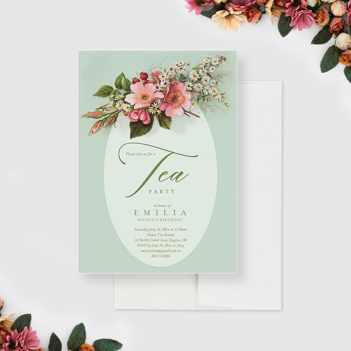 Spring Tea Invitation Floral Tea Party Birthday Invitation, Vintage Flower Tea Party Bridal