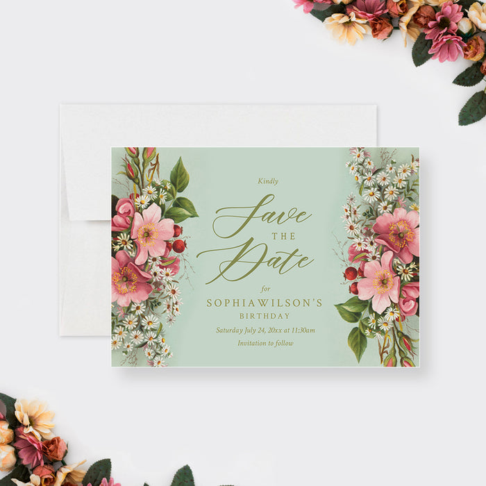 Vintage Floral Save the Date Cards, Greenery Birthday Save the Dates, Summer Wedding Save the Date Cards, Personalized Garden Save the Date Cards