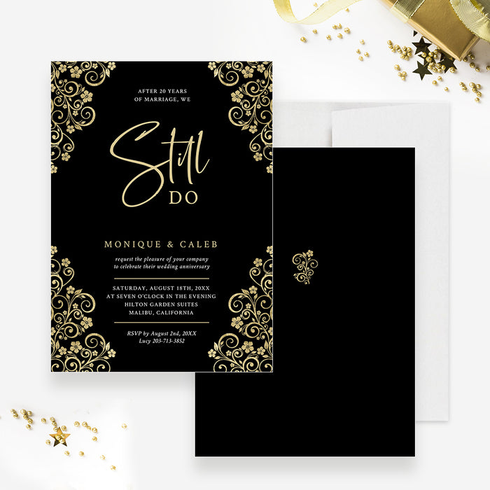 We Still Do Black and Gold Wedding Anniversary Invitation, Elegant Floral Vow Renewal Invite Card, Personalized Classy 10th 20th 30th 40th 50th Anniversary Party Invite