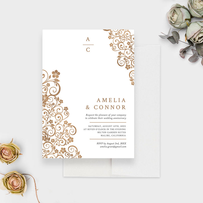 Elegant White and Gold Wedding Anniversary Invitation, Vow Renewal Invite Card, Floral Still The One 10th 20th 30th 40th 50th Wedding Anniversary Party Invite
