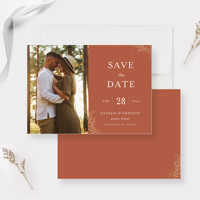 Photo Save the Date Card, Rustic Fall Wedding Save the Date Card with Photo, Autumn Gold Foliage Save Our Date Cards, Save the Date for Fall Birthday Party