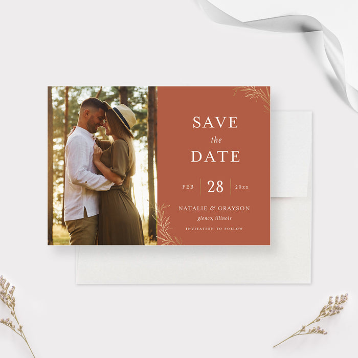 Photo Save the Date Card, Rustic Fall Wedding Save the Date Card with Photo, Autumn Gold Foliage Save Our Date Cards, Save the Date for Fall Birthday Party