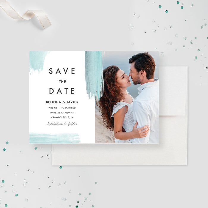 Photo Save the Date Card, Aqua Blue Brush Strokes Wedding Save the Date Card with Photo, Modern Abstract Watercolor, Birthday Save the Date Cards