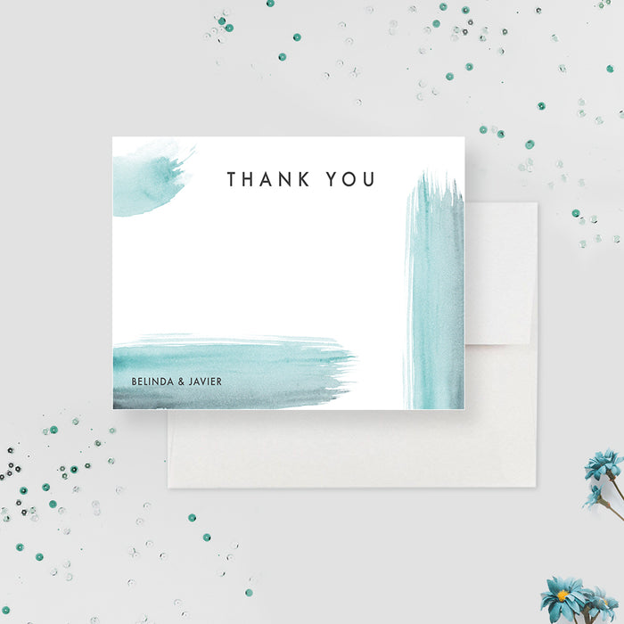 White and Blue Modern Minimalist Wedding Thank You Cards, Aqua Watercolor Anniversary Thank You Notes, Custom Brush Strokes Engagement Party Note Card