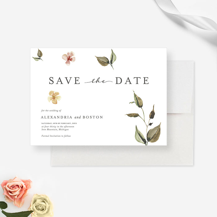 Floral Wedding Save the Date Cards, Spring Birthday Save the Date with Vintage Watercolor Leaf Illustrations, Garden Party Save the Dates, Greenery Save Our Date Cards